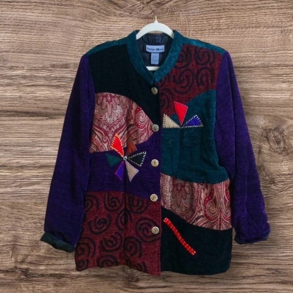 Indigo Moon purple embroidered patchwork chenille jacket. Large.
